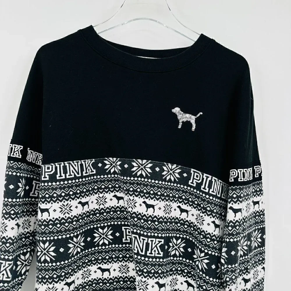 VS PINK Size XS Black & White Sequin Embellished Winter Pullover Sweatshirt